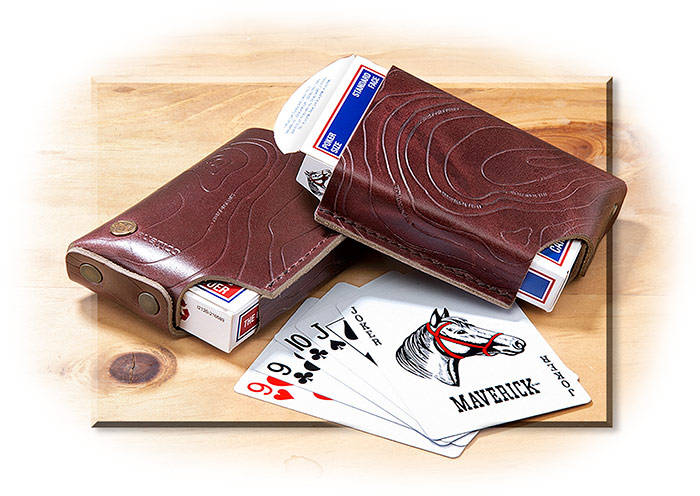 LEATHER PLAYING CARD CASE COMES WITH A DECK OF CARDS BURGUNDY TOPO LEATHER - ANTIQUED BRASS RIVETS