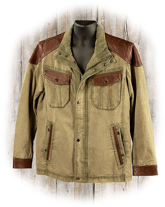 CANVAS AND LEATHER TRIM JACKET - SAGE GREEN WASHED WITH BROWN TRIM