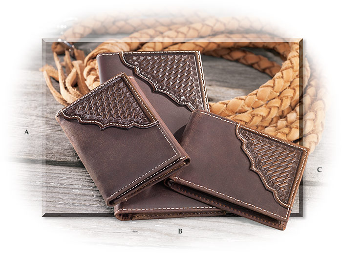 TOOLED WALLET - TRI-FOLD - CHOCOLATE BROWN LEATHER TOOLED LEATHER ACCENT - RFID PROTECTION