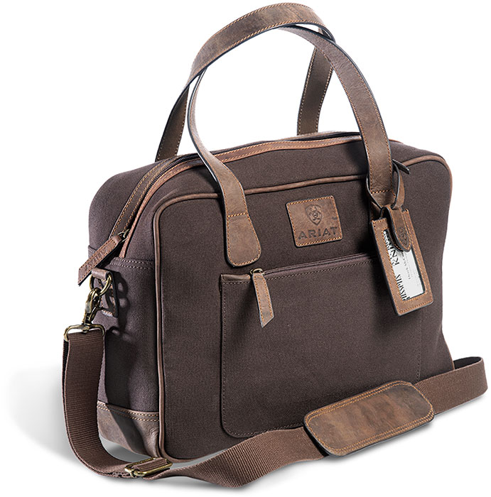 BROWN CANVAS AND LEATHER ARIAT BRIEFCASE - BROWN COTTON CANVAS & BROWN LEATHER TRIM