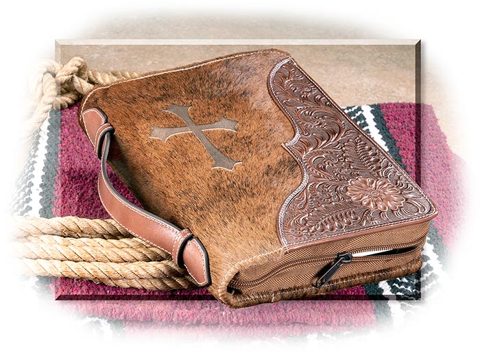 COWHIDE BIBLE COVER - HAIR ON HIDE & BROWN TOOLED LEATHER ZIPPERED CASE - CROSS EMBELLISHED ON HIDE