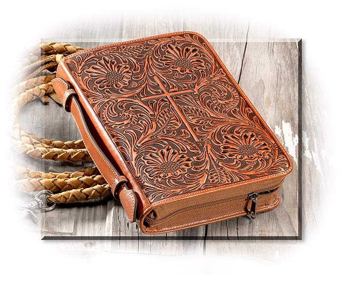 EMOSSED BIBLE COVER - SADDLE BROWN & DARK BROWN LEATHER - TOP GRAIN LEATHER - ZIPPERED CLOSURE
