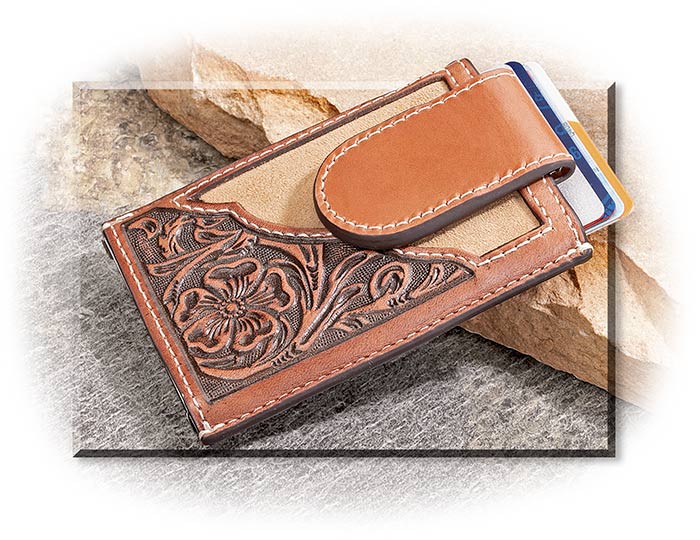 UTILITY CARD WALLET - BROWN TOOLED LEATHER OVER ALUMINUM CASE - RFID PROTECTED