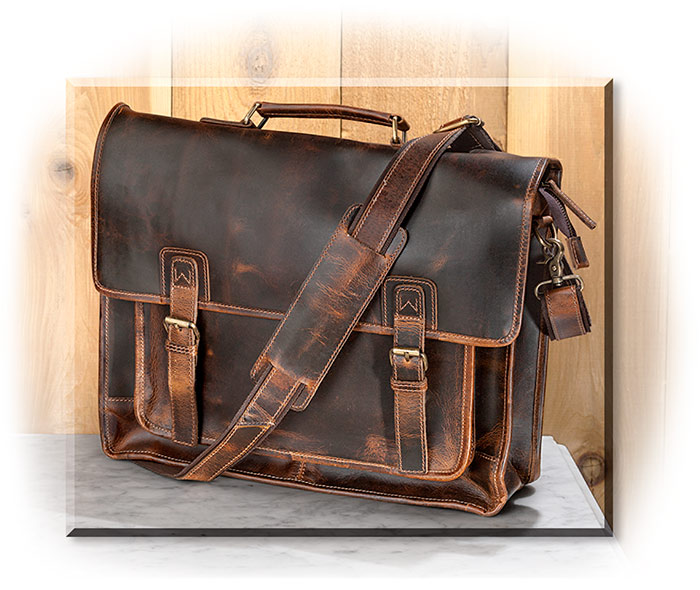 WATER BUFFALO LEATHER BRIEFCASE - VINTAGE BROWN - BUCKLE CLOSURE FLAP - SHOULDER STRAP IS REMOVABLE