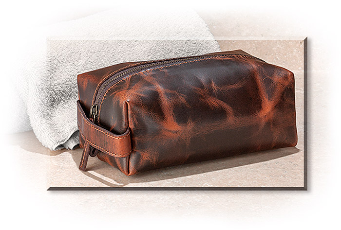 WATER BUFFALO DOPP KIT - VINTAGE BROWN LEATHER - ZIPPERED TOP - HAND STRAP - BROWN COTTON LINING