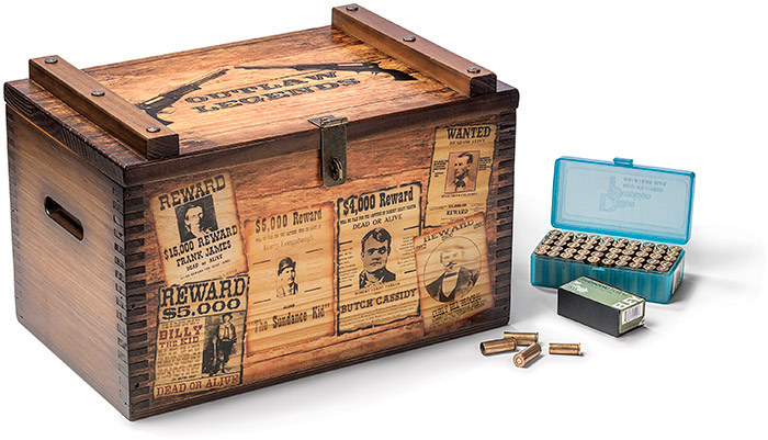 OUTLAW AMMO BOX - HANDCRAFTED IN US - PINE WOOD - FRONT PANEL HAS 6 OLD WEST REWARD POSTERS