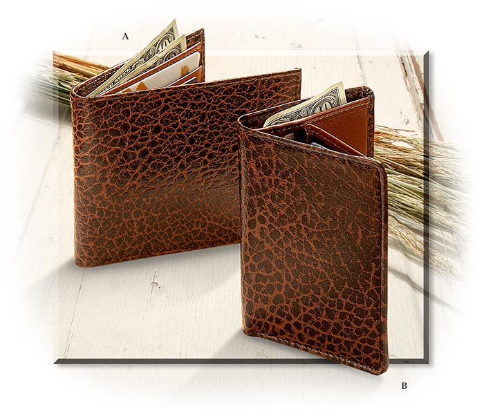 SALAMANDER EMBOSSED TEXTURE Tri-Fold and Bi-FOLD - BROWN LEATHER WITH BROWN LINING