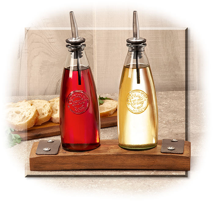 WINE STAVE OIL AND VINEGAR CRUET SET - WINE BARREL STAVE - 2 GLASS BOTTLES WITH METAL POURERS