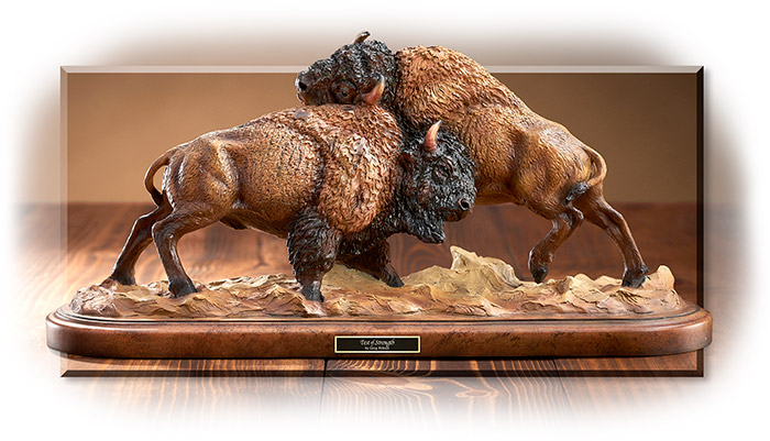 TEST OF STRENGTH - SCULPTURE - BY GREG PELTZER - TWO AMERICAN BISON BULLS - 16-1/2 X 6 X 8