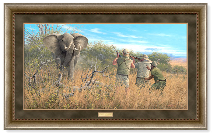 THE ELEPHANT HUNTER - BY MMICHAEL SIEVE - 250 PIECE SIGNED AND NUMBR LITHOGRAPH ON PAPER - 18 1/4 X 